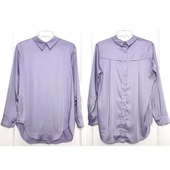 ROUCHA Lavender Satin Back Button Up Long Sleeve Double Collar Oversized Shirt S - Picture 1 of 7